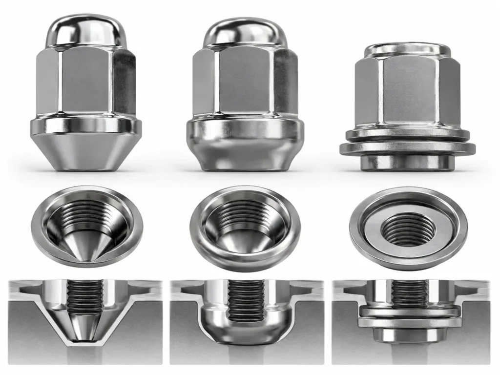 Automotive lug nut seat styles compared for wheel fitment