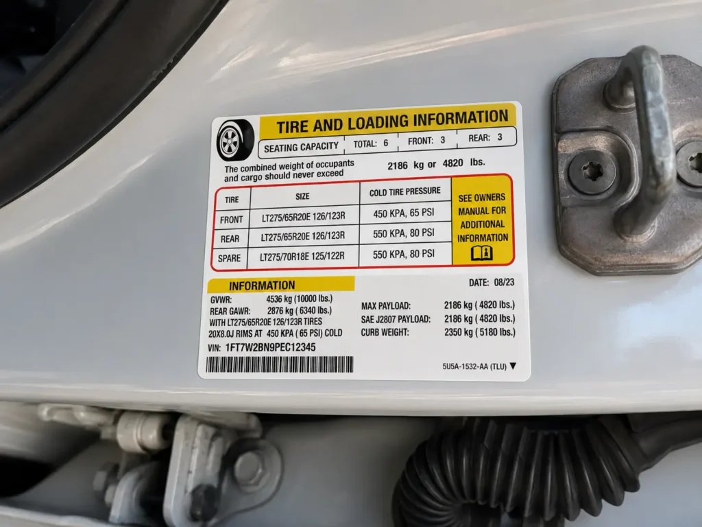 Ford F-250 door jamb sticker showing GVWR and actual payload capacity rating.