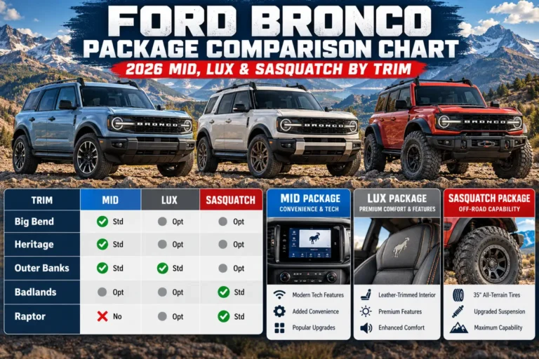 Ford Bronco Package Comparison Chart (2026): Mid, Lux & Sasquatch by Trim