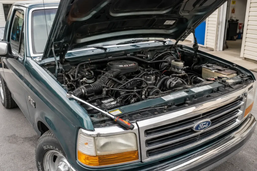 Ford 302 5.0L V8 engine bay in classic F-150 truck
