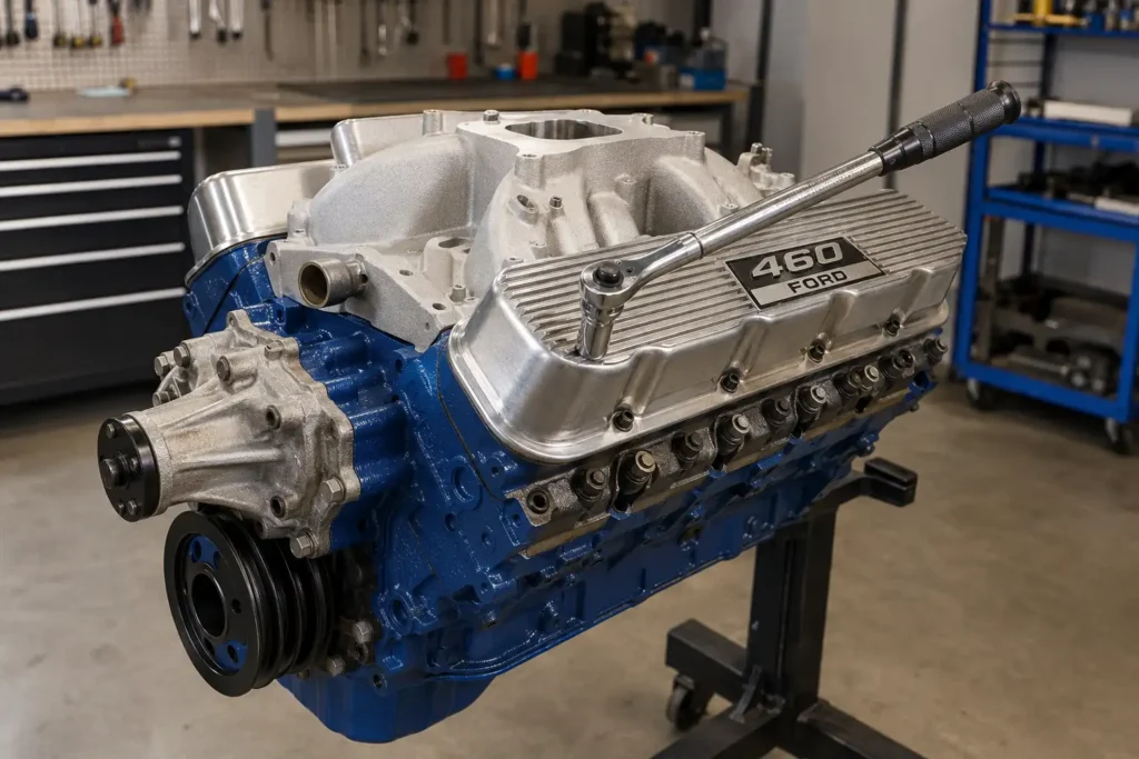 Ford 460 torque specs shown during big-block engine assembly