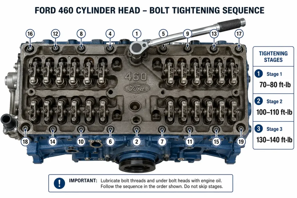 Ford 460 head bolt torque sequence showing center-outward pattern