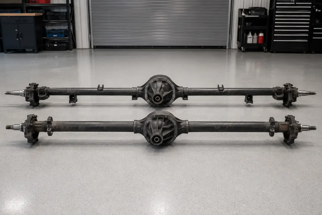 Ford 8.8 Rear End Width Chart: All Applications & Years (1983–2026) 3 Narrow Mustang 8.8 axle beside wider F-150 8.8 axle for width comparison