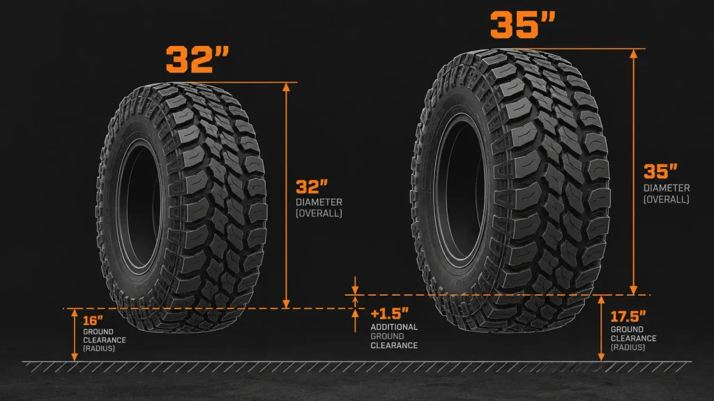 Diagram comparing a 32-inch tire and a 35-inch tire with ground clearance lines