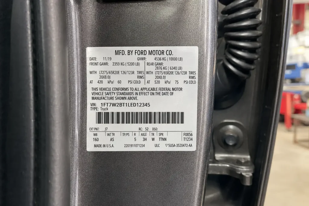 Ford F-250 Wheelbase Chart For Every Year And Cab 3 Ford F-250 door jamb sticker showing VIN and body code location