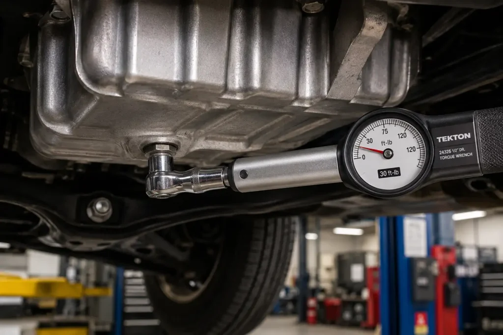 Ford F-150 Torque Specs Chart: Lug Nuts, Oil, Spark Plugs by Year 3 Torque wrench on Ford F-150 EcoBoost oil pan drain plug