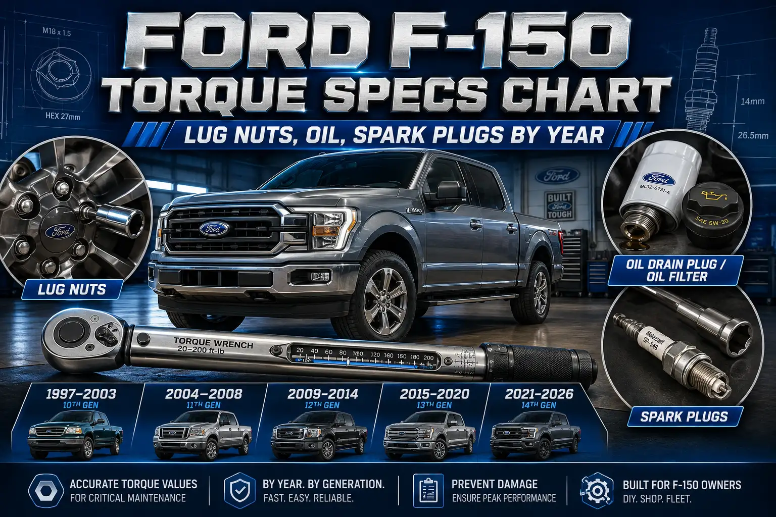 Ford F-150 Torque Specs Chart: Lug Nuts, Oil, Spark Plugs by Year 1 Ford F-150 Torque Specs Chart: Lug Nuts, Oil, Spark Plugs by Year