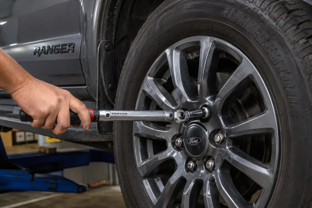 Ford Ranger Torque Specs Chart by All Years and Repair Guide 2026 3 Ford Ranger lug nut torque being checked with wrench