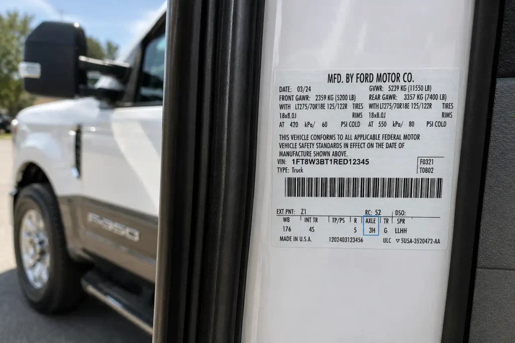 Ford Super Duty door jamb sticker showing rear axle identification code