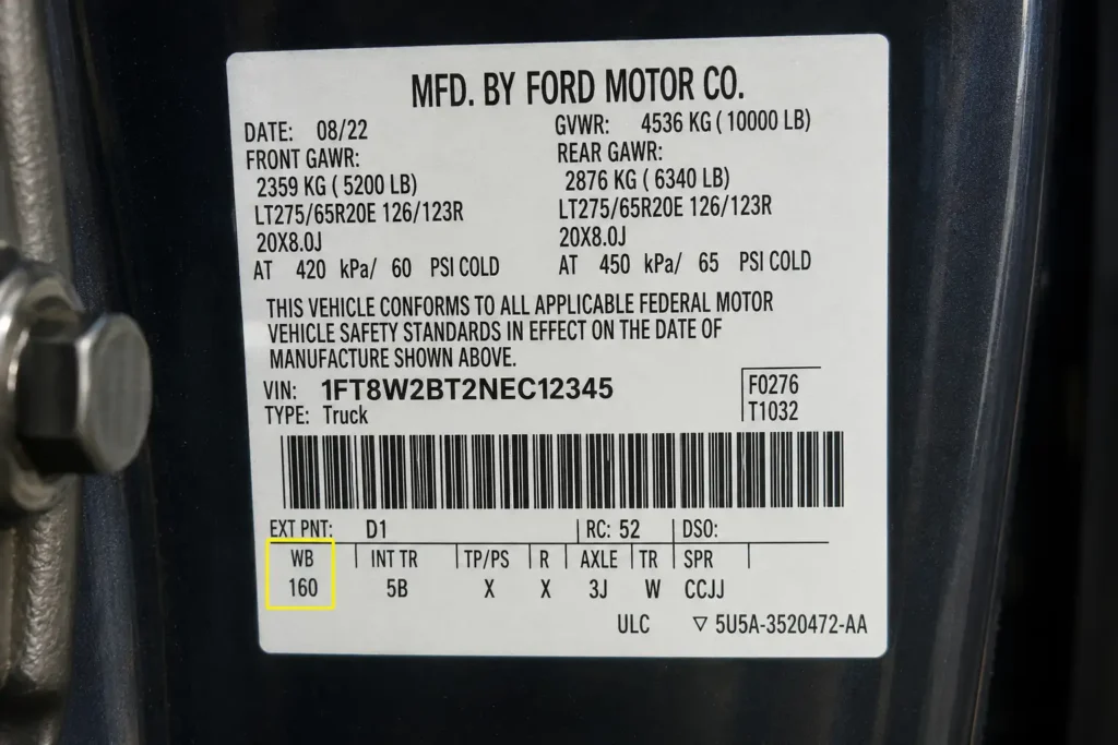 Ford Super Duty door jamb sticker showing wheelbase WB code