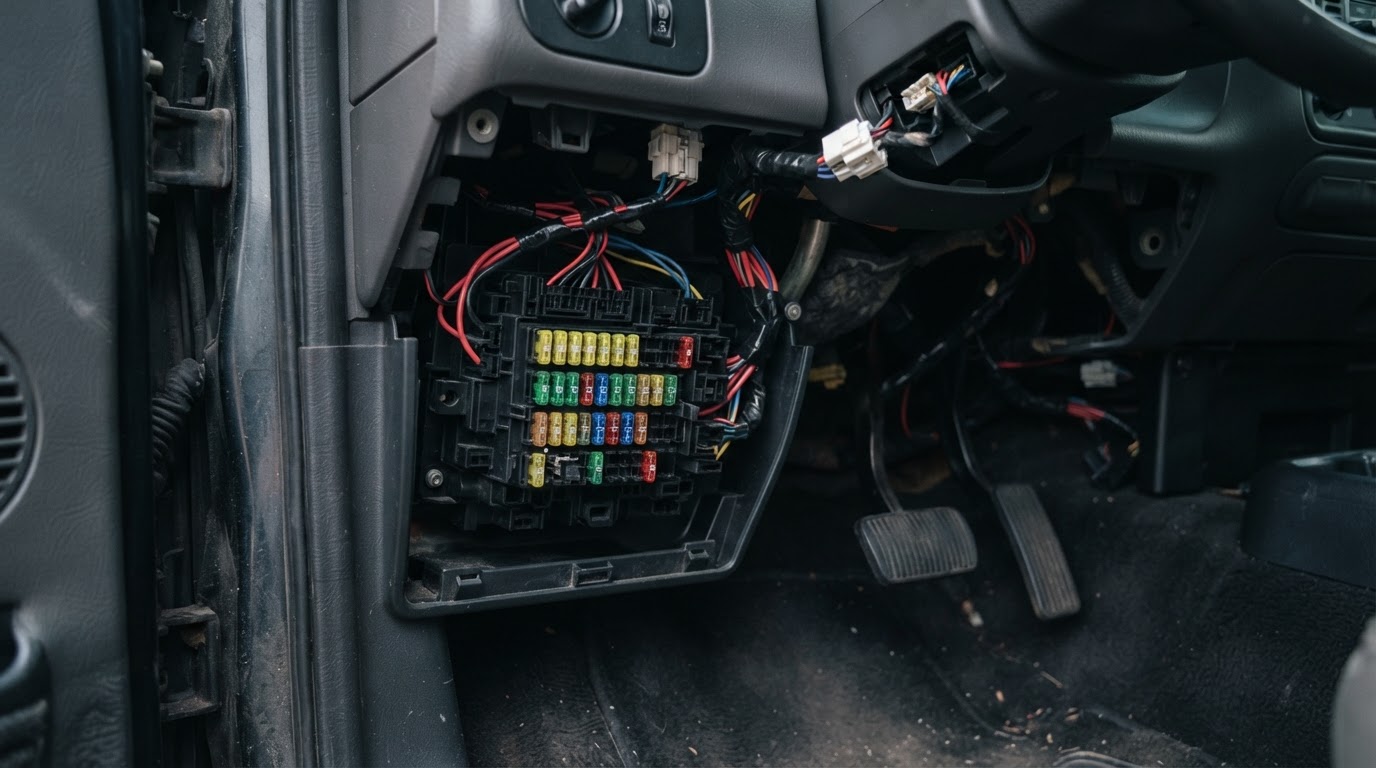 2003 Ford F-150 driver side footwell with the fuse panel cover removed, beside the brake pedal