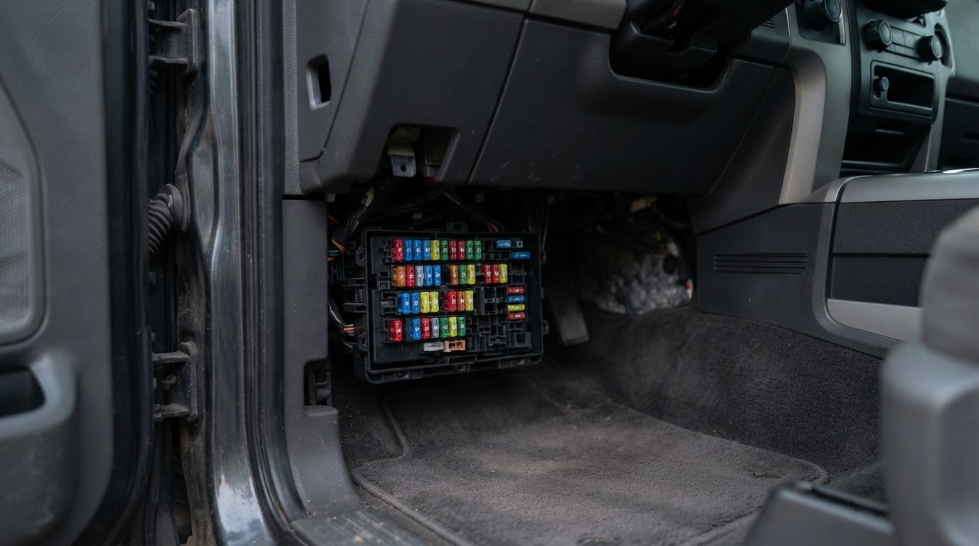 2006 Ford F-150 passenger footwell with the fuse panel cover removed