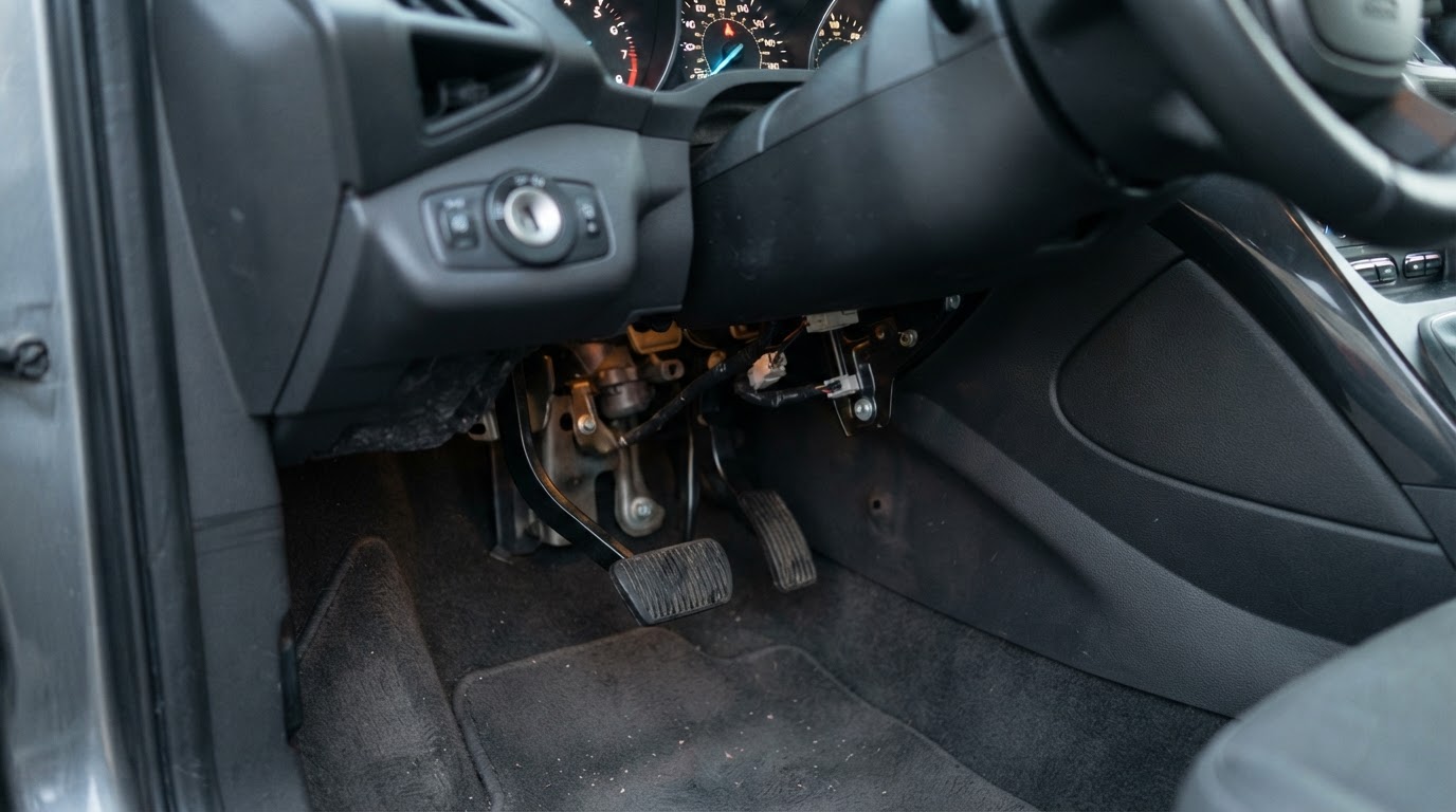 2013 Ford Escape Oil Reset: The Exact 25-Second Pedal Sequence 2 Driver footwell of a 2013 Ford Escape showing the accelerator pedal and brake pedal used for the oil life reset