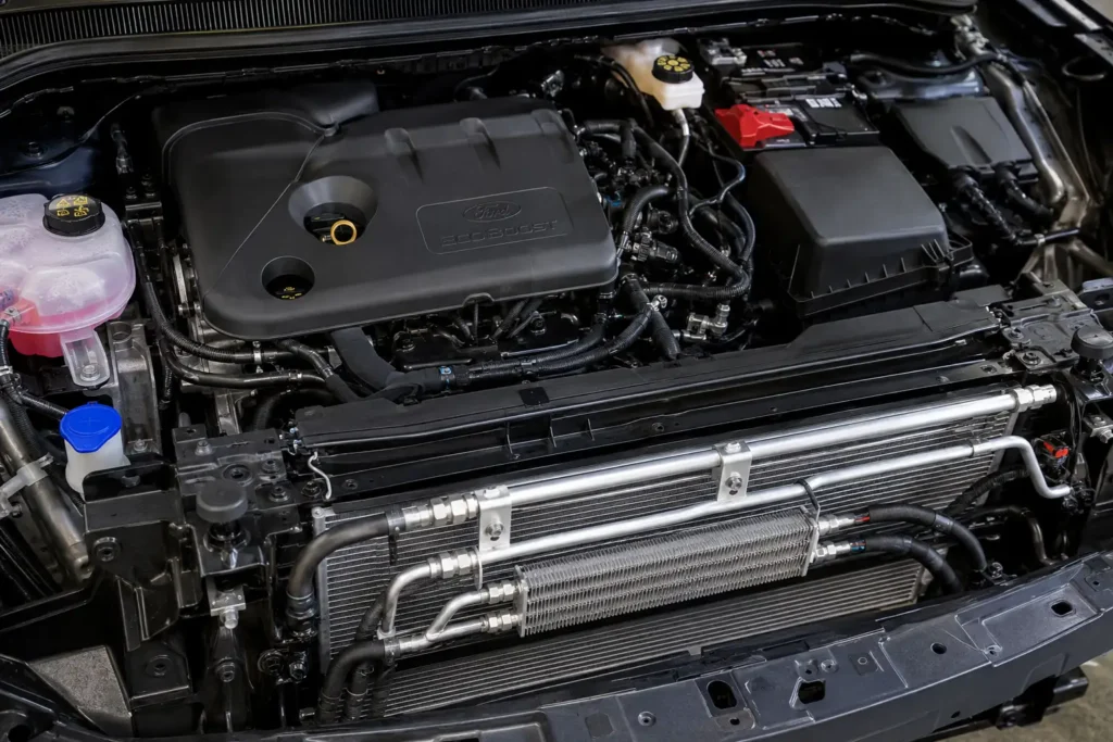 Ford Escape Towing Capacity Chart: Every Year & Engine 2001-2026 3 Ford Escape 2.0L EcoBoost engine with tow package cooler
Ford EcoBoost engine bay, 2.0L EcoBoost engine closeup, transmission oil cooler SUV, Ford Escape engine compartment, automatic transmission cooler lines