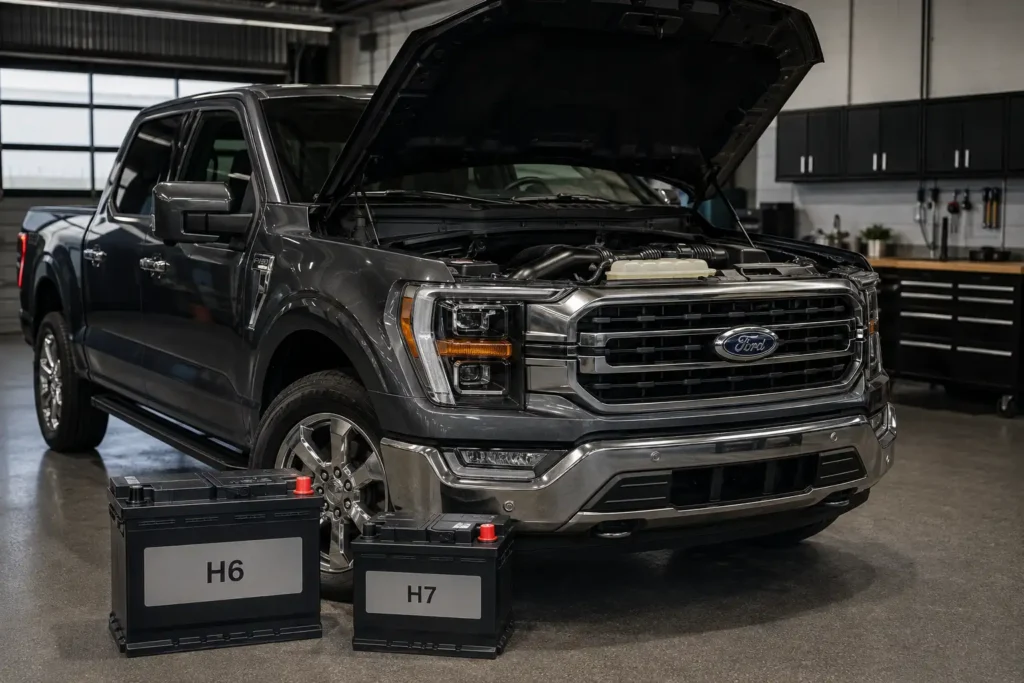 Ford F150 battery size chart showing truck and replacement AGM battery.
Ford F150 battery replacement, Ford F150 engine bay battery, AGM truck battery, H6 H7 battery, Ford truck maintenance