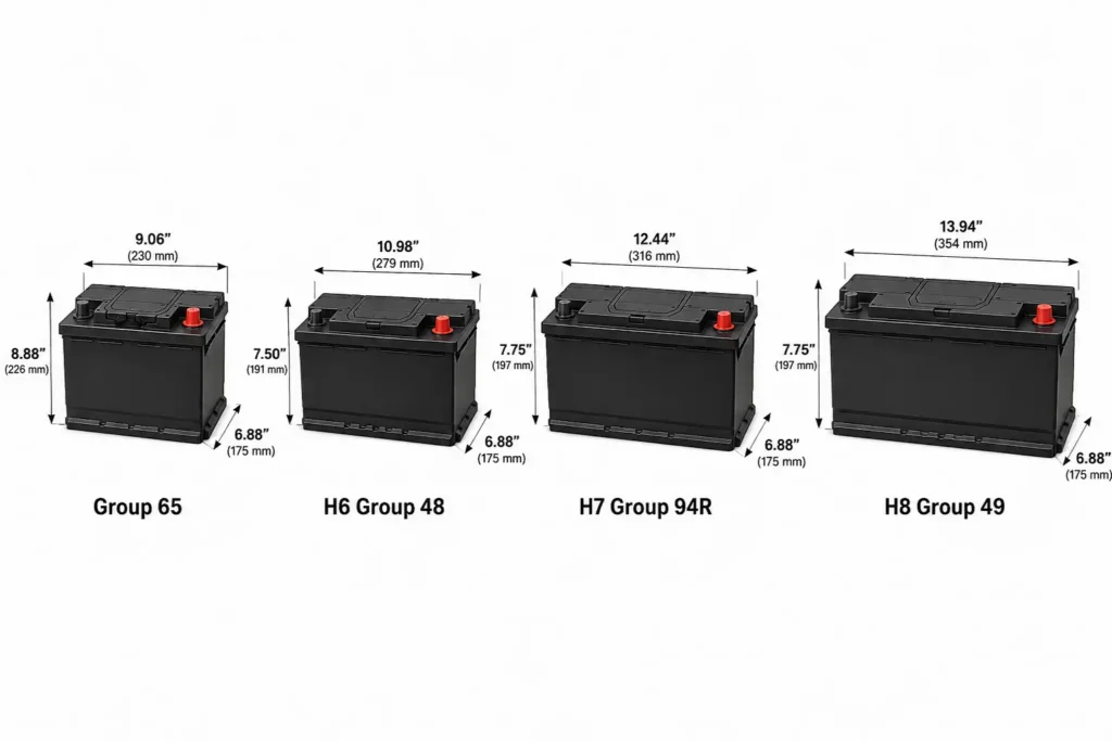 Ford F150 battery size comparison showing H6 H7 H8 and Group 65.
H6 H7 H8 battery dimensions, Group 65 battery size, automotive battery comparison, battery group size chart, F150 battery dimensions