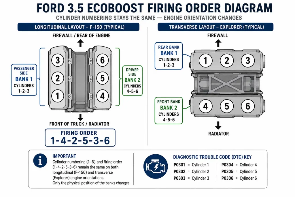 Ford 3.5 EcoBoost firing order diagram showing cylinders and banks