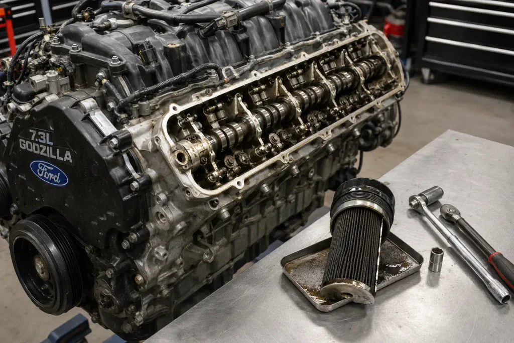 Ford 7.3 Godzilla Problems: Symptoms and Fixes 2026 3 Ford 7.3 Godzilla camshaft and valve tappet inspection