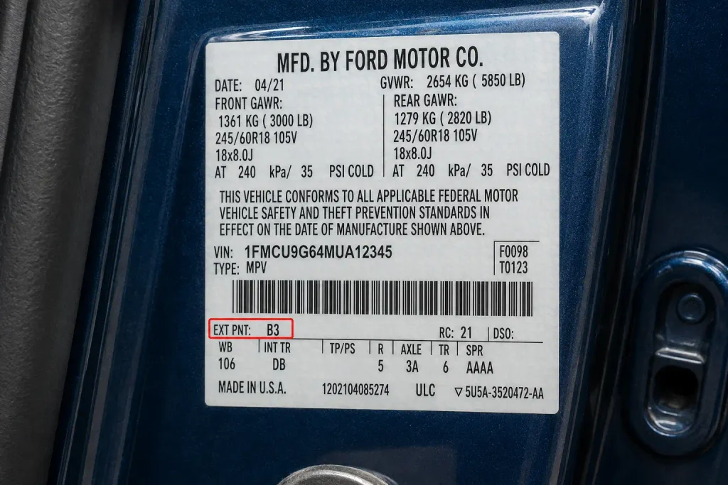 Ford door jamb sticker showing EXT PNT paint code label