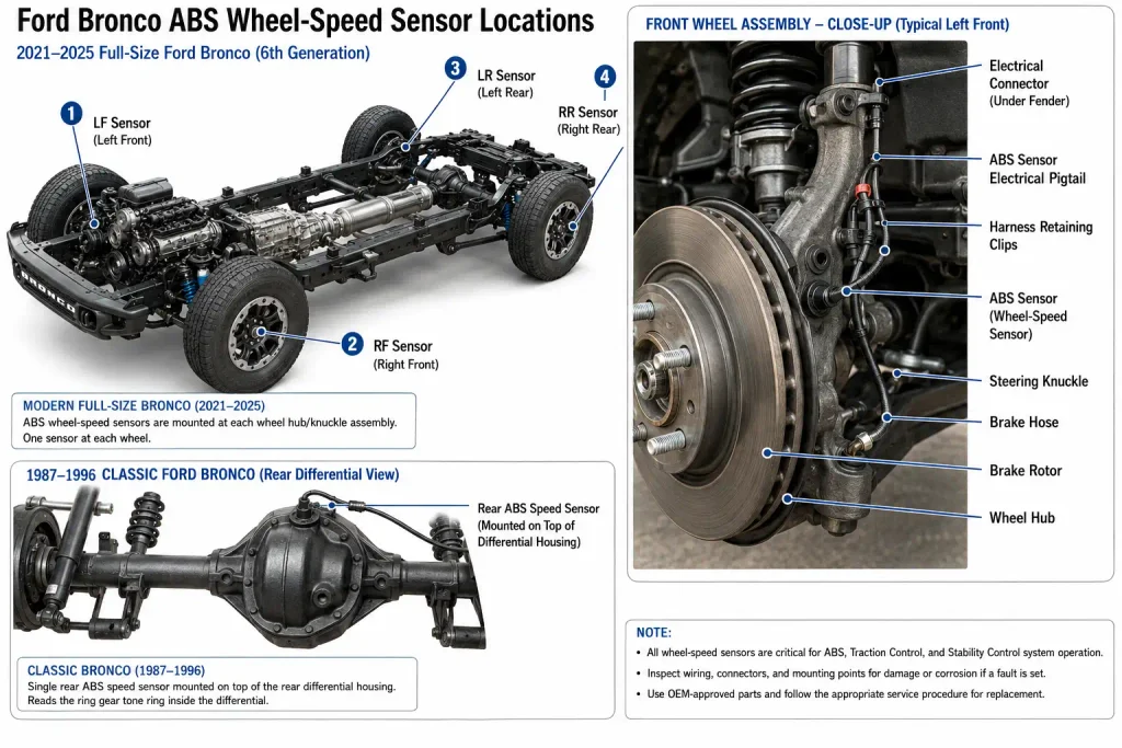 Ford Bronco ABS Sensor Location: Year and Wheel 1987-2026 3 Ford Bronco ABS sensor location diagram showing all four wheel sensors