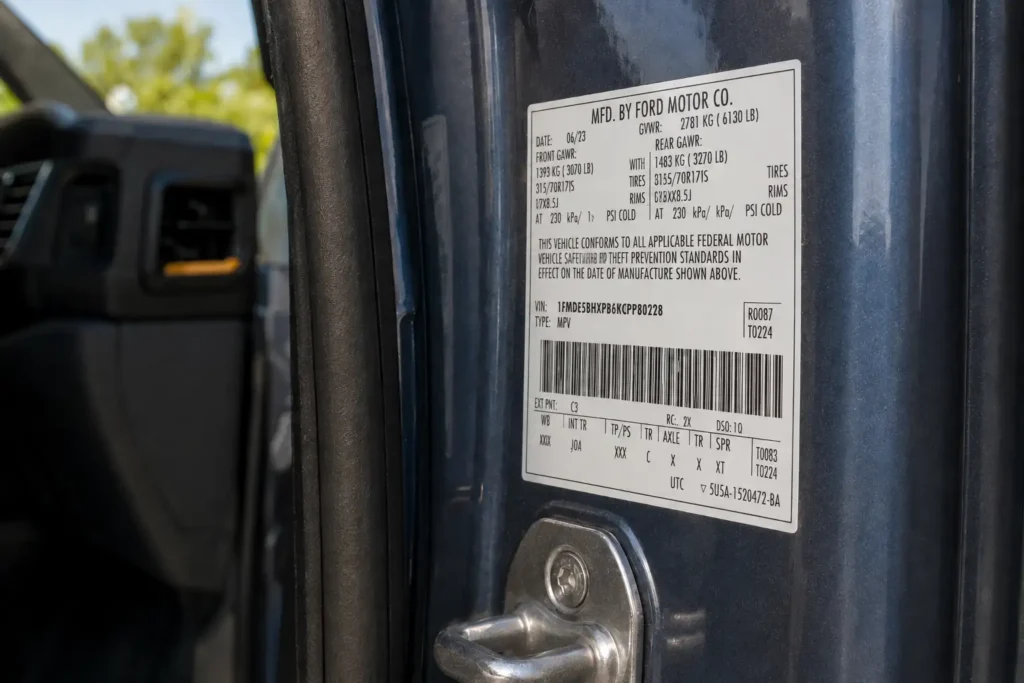 Ford Bronco door jamb sticker showing paint code location