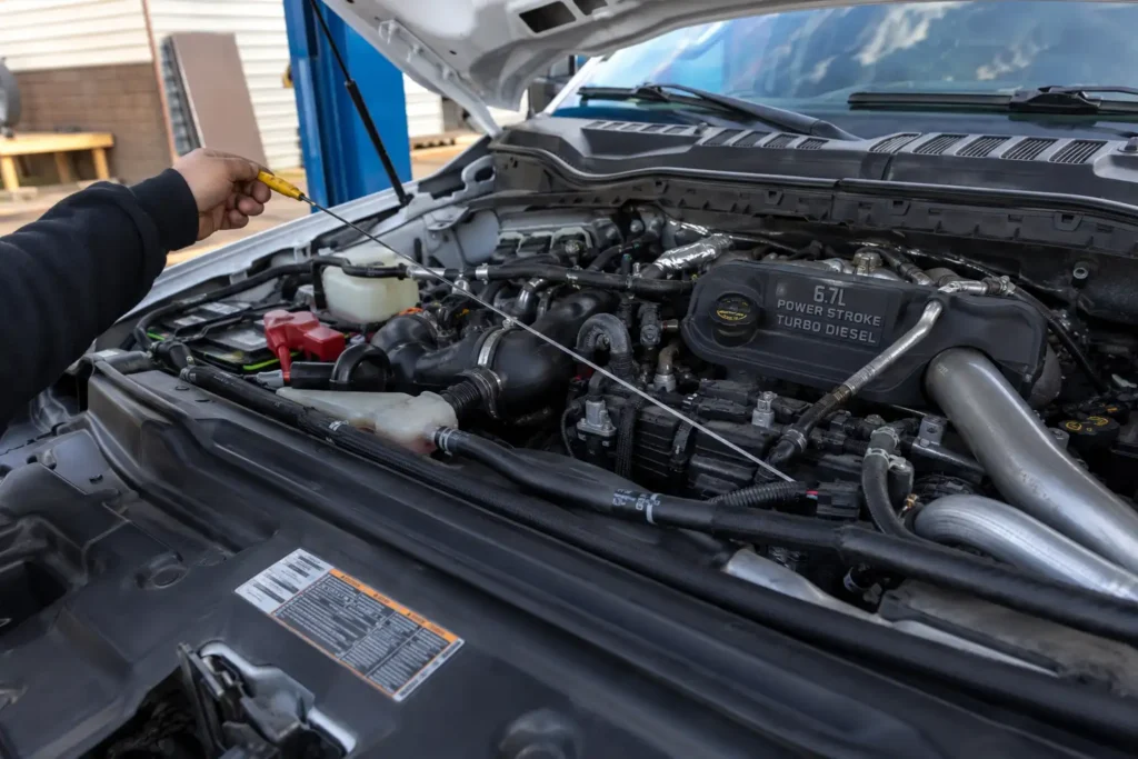 Ford Power Stroke diesel engine oil dipstick check