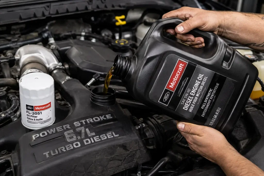 Pouring correct oil type into Ford Power Stroke diesel