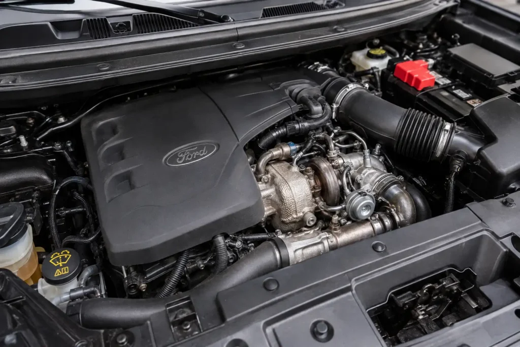 Ford Explorer 3.5L EcoBoost V6 engine bay showing turbocharger components