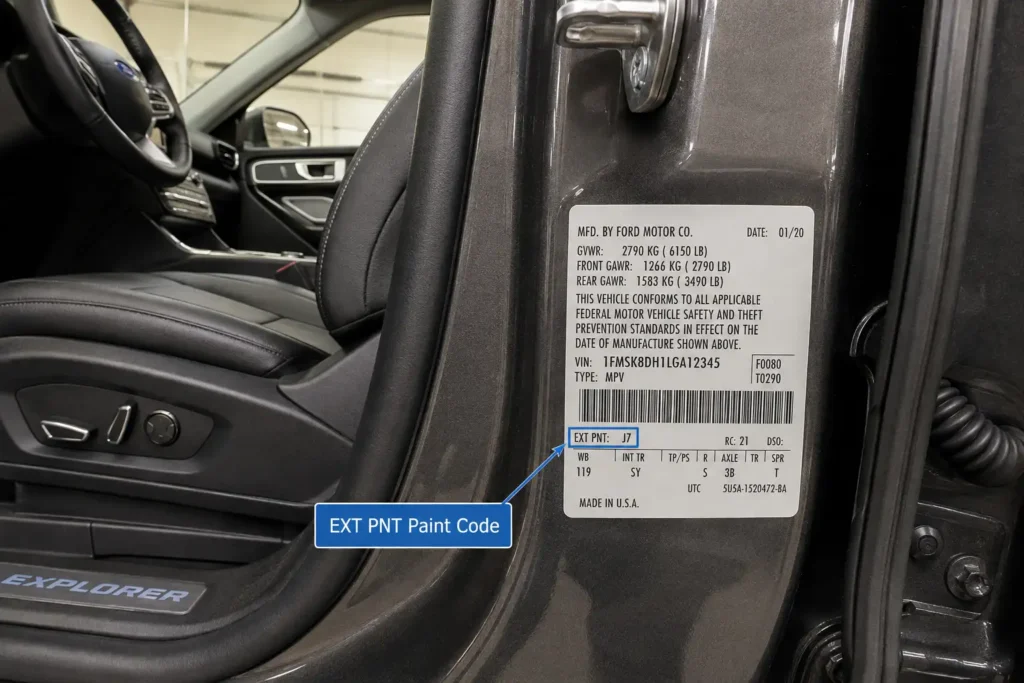 Ford Explorer Paint Code Chart by Year: 1991-2026 3 Ford Explorer door jamb showing EXT PNT factory paint code location