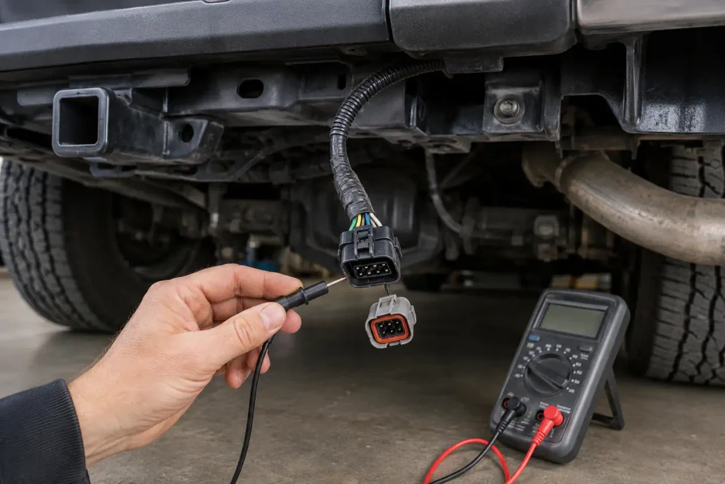 Ford F150 backup camera wiring connector inspection under tailgate