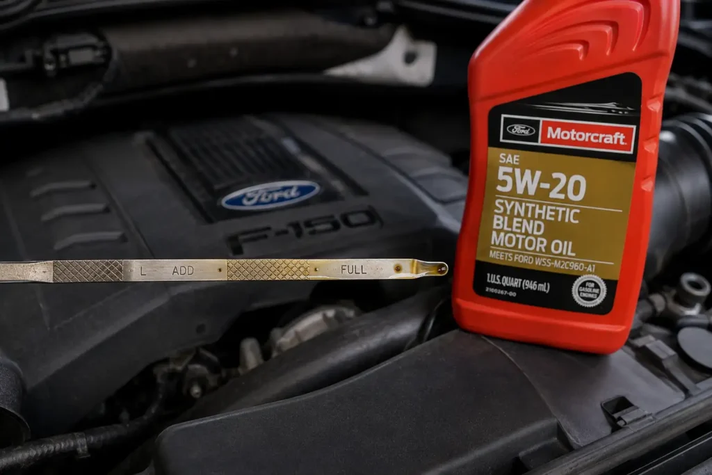 Ford F150 Oil Type Chart: Generations and Engines 1997–2026 3 Checking Ford F-150 oil dipstick and Motorcraft oil bottle