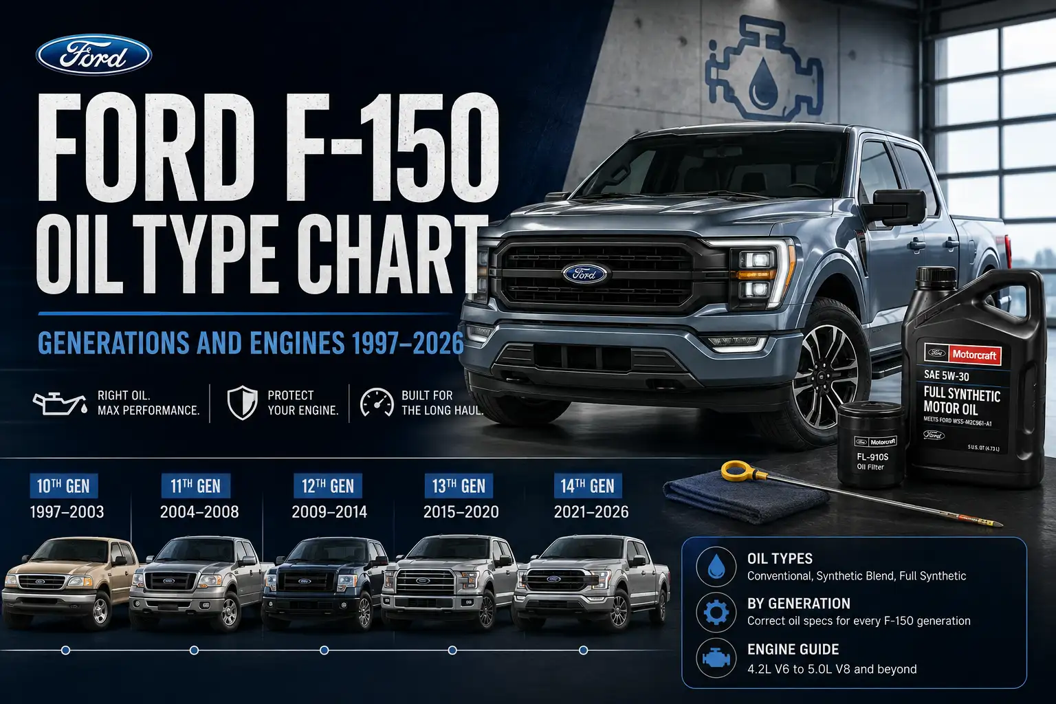 Ford F150 Oil Type Chart: Generations and Engines 1997–2026 1 Ford F-150 Oil Type Chart: Generations and Engines 1997–2026