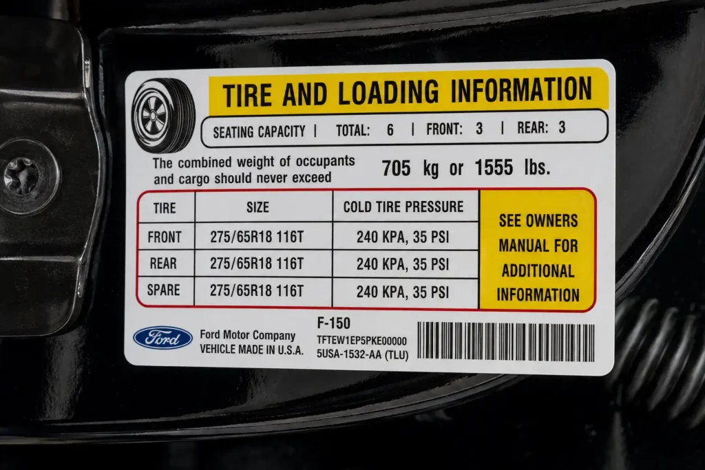 Ford F-150 door jamb tire placard showing factory wheel specs