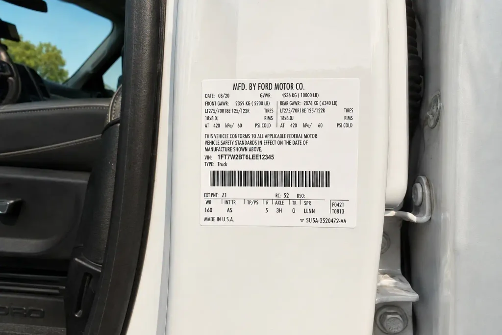 Ford F-250 door sticker showing axle code gear ratio label