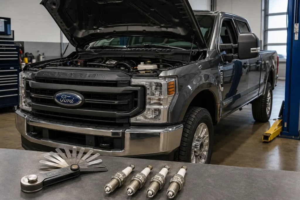 Ford F250 spark plug gap chart with Super Duty and spark plugs
Ford F250 spark plugs, Ford Super Duty engine bay, spark plug gap gauge, F250 maintenance, Ford gasoline truck