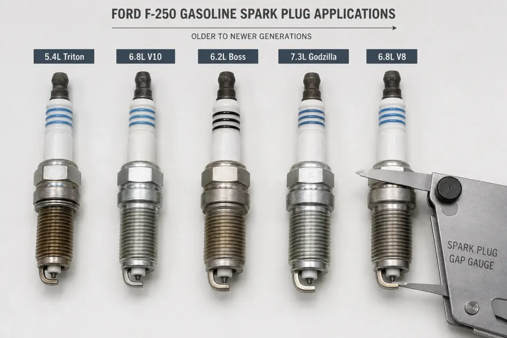 Ford F250 spark plugs showing five gasoline engine generations.
Ford spark plug comparison, 6.2 Ford spark plugs, 7.3 Godzilla spark plugs, Triton V10 spark plugs, spark plug gap tool