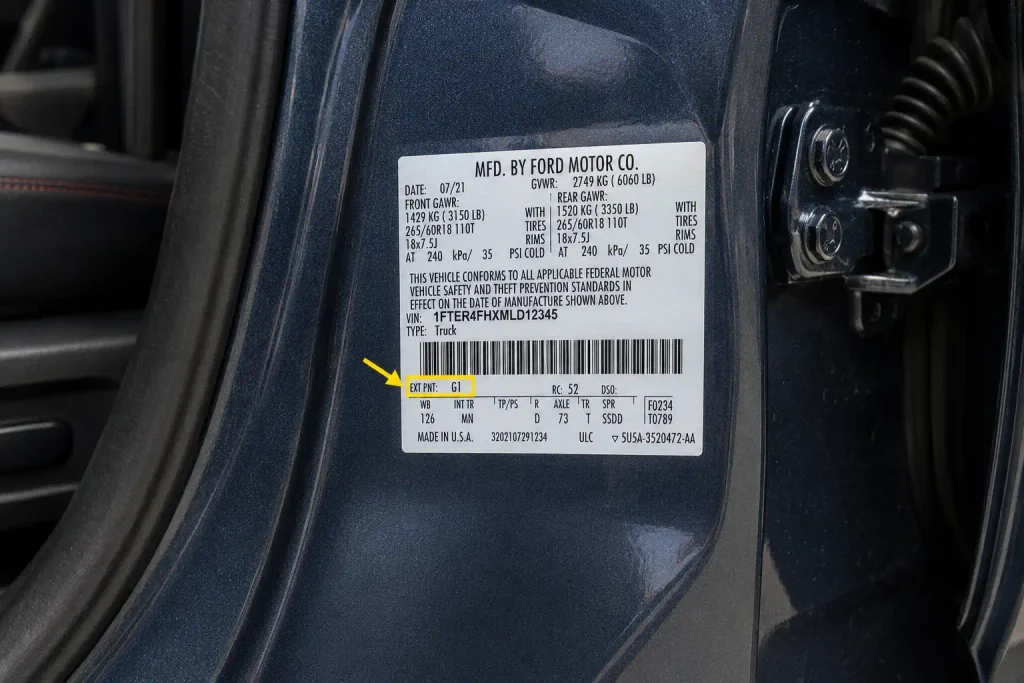 Ford G1 paint code shown on driver door certification label