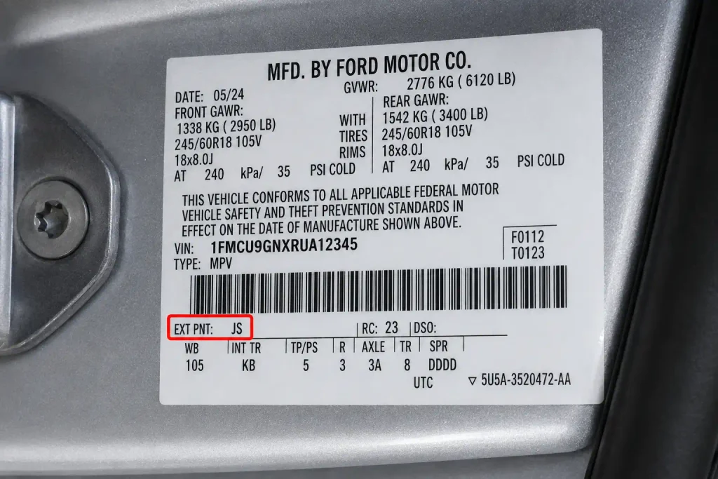 Ford Iconic Silver Paint Code JS by Model and Year 2026 3 Ford door jamb label showing Iconic Silver paint code JS