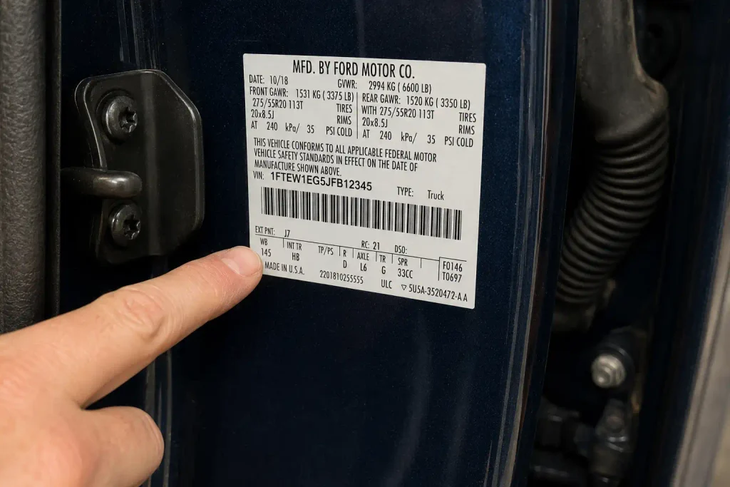 Ford door jamb label showing EXT PNT paint code location