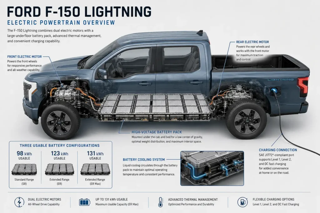 Ford Lightning battery pack showing 98 123 and 131 kWh capacities