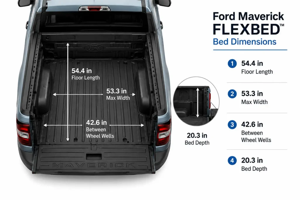 Ford Maverick bed measurements showing length width wheel wells and depth