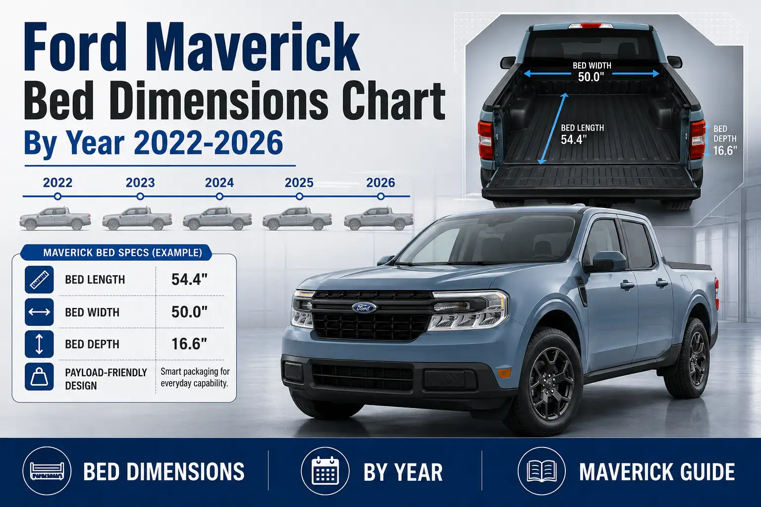 Ford Maverick Bed Dimensions Chart by Year 2022 to 2026
