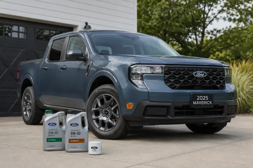 Ford Maverick oil capacity chart showing Hybrid and EcoBoost oil requirements