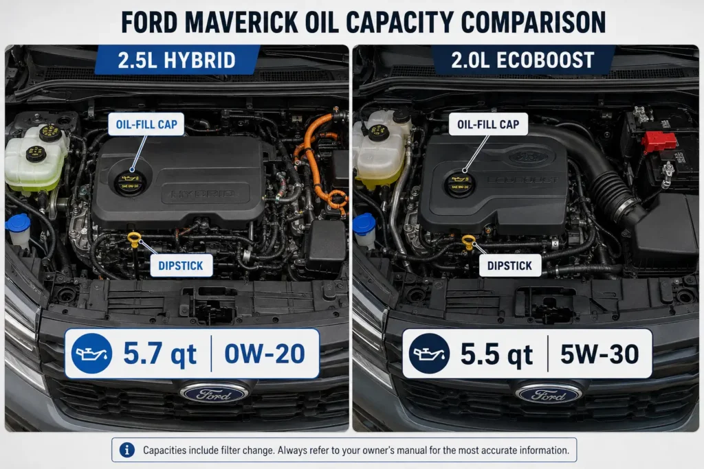 Ford Maverick Hybrid and EcoBoost oil capacity and viscosity comparison
