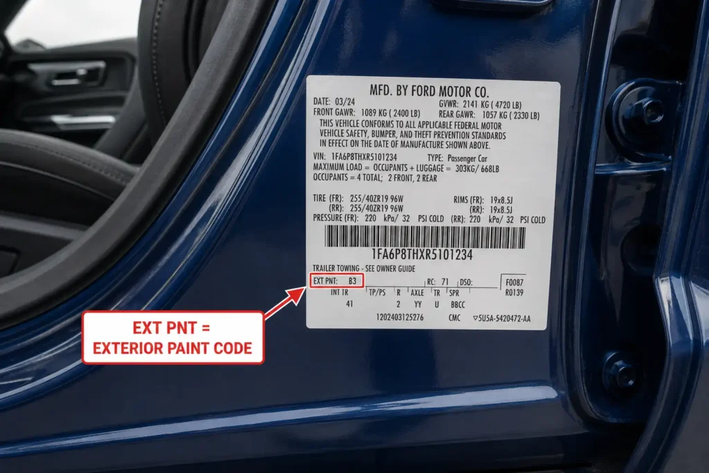Mustang door label showing EXT PNT factory paint code location