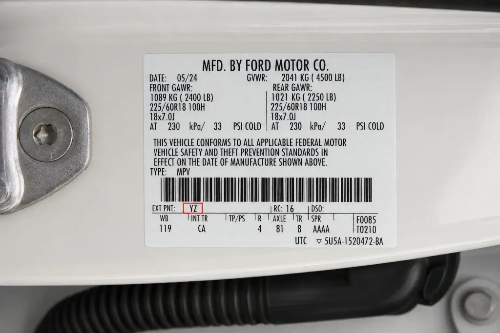 Ford Oxford White Paint Code YZ by Model and Year 2026 3 Ford door jamb label showing YZ Oxford White exterior paint code