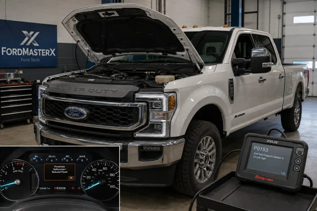 Ford P0193 Code 6.7 Powerstroke: Causes Diagnosis and Fix Guide 2026 2 Ford P0193 code 6.7 Powerstroke truck undergoing OBD diagnostic testing