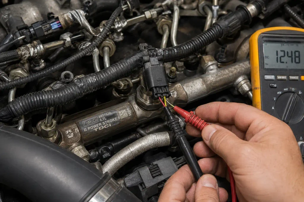 Ford P0193 Code 6.7 Powerstroke: Causes Diagnosis and Fix Guide 2026 3 6.7 Powerstroke fuel rail pressure sensor wiring tested for P0193