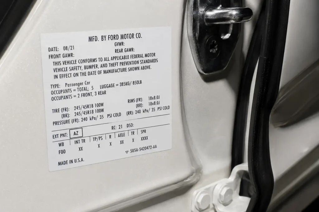 Ford door label showing AZ Star White factory paint code