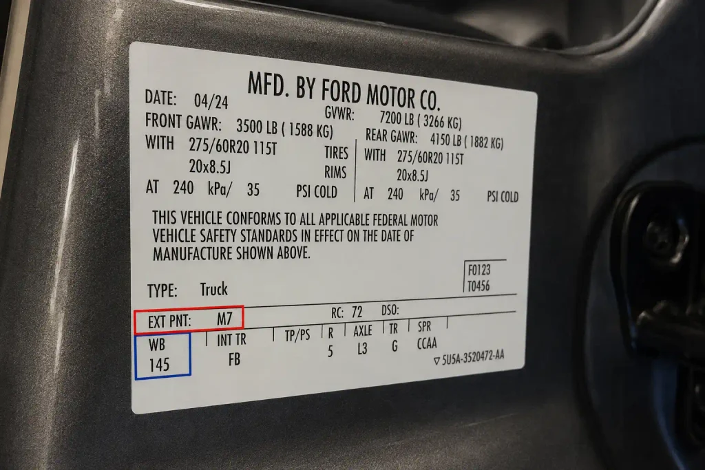 Ford Paint Code WB Color Models and Years Guide 2026 3 Ford paint code WB label showing EXT PNT and wheelbase fields